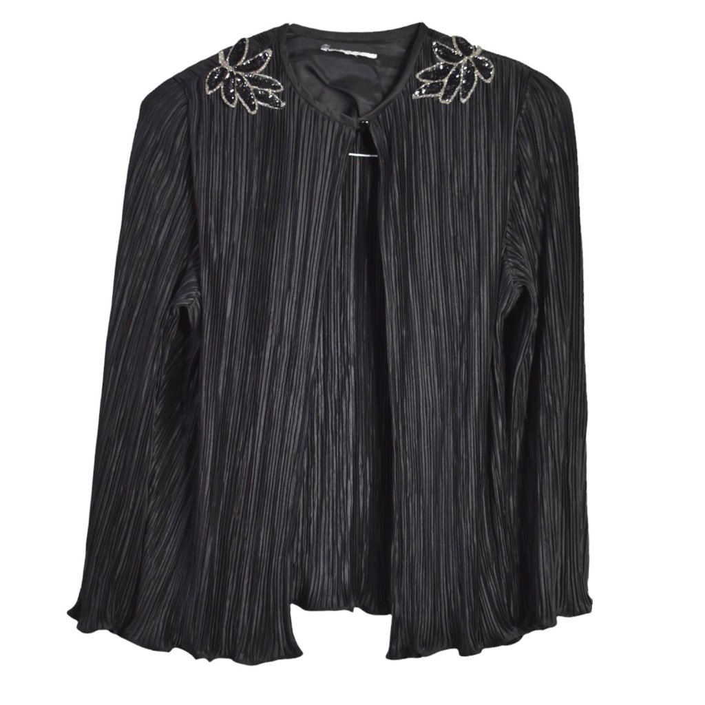Vintage Cardigan Cape L Womens Black Sequin Button Closure Ruffle Open Front